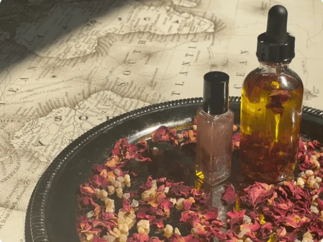 two bottles of oils in a plate filled with flowers