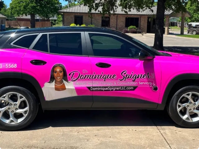 hot pink car advertising services of Dominique Spigner