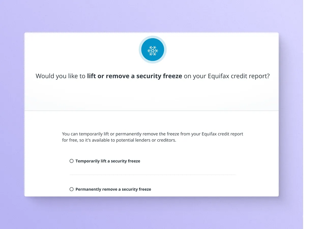 Equifax lift credit freeze screen