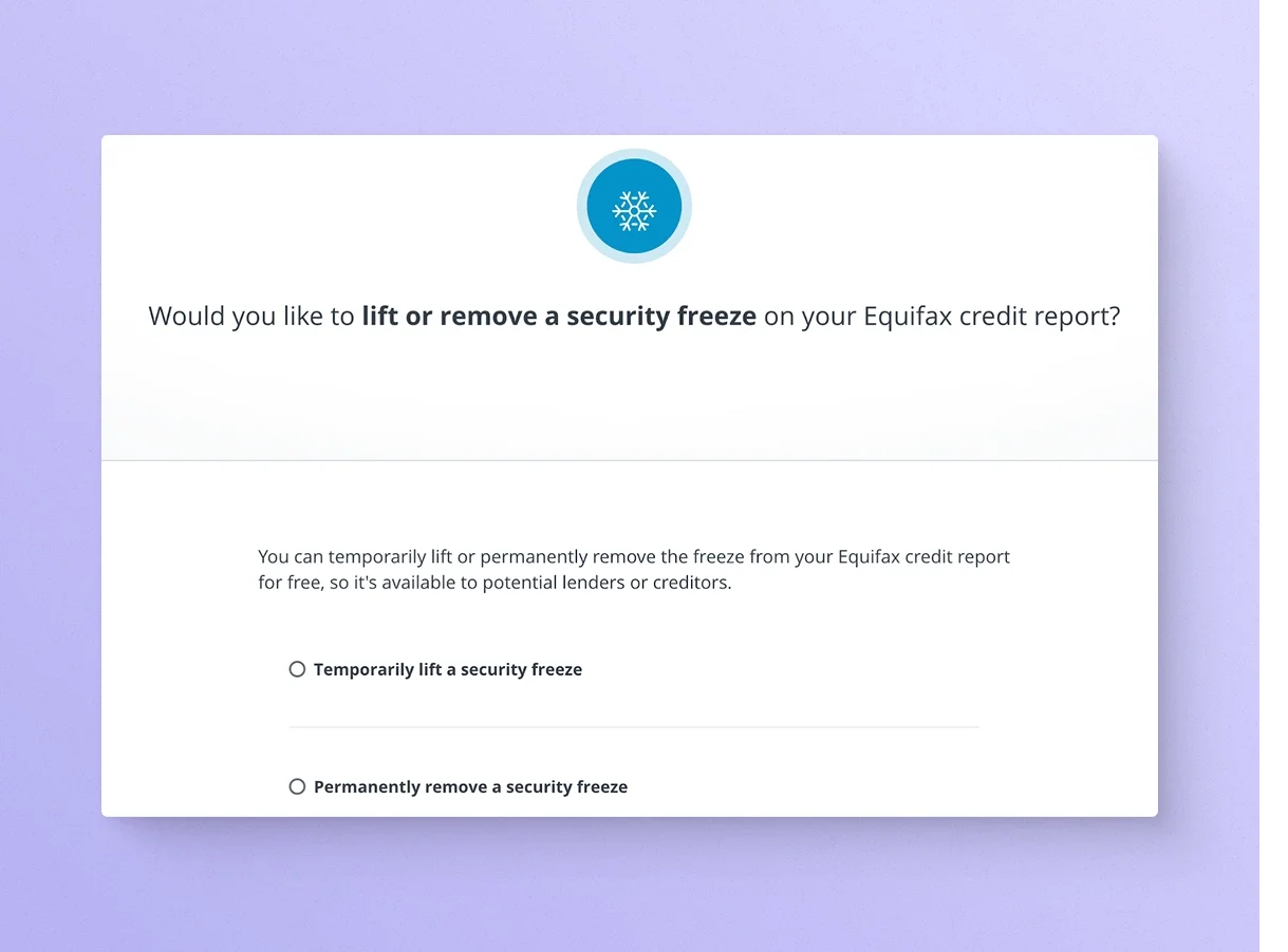 Equifax lift credit freeze screen