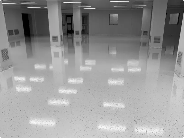 Interior of a building showing reflective flooring