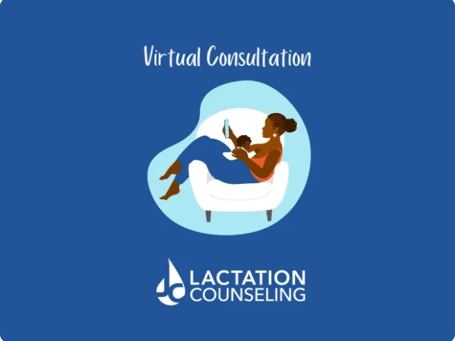 illustration of a woman holding a baby in a chair while looking at phone with text "lactation counseling" and "virtual consultation"