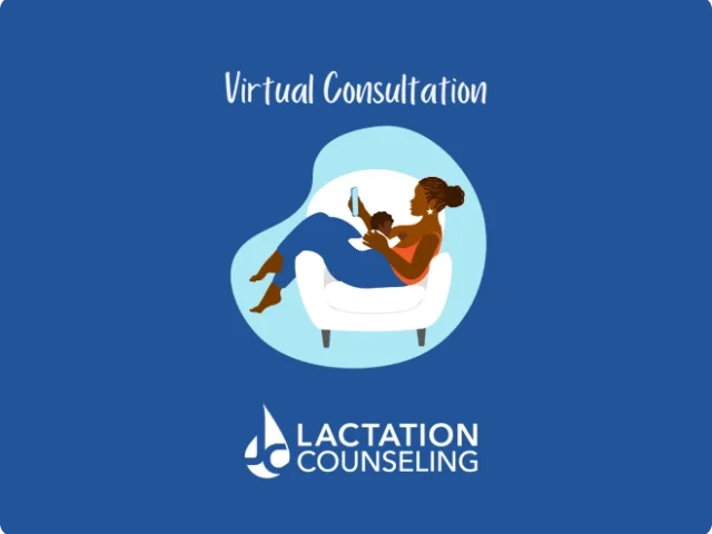 illustration of a woman holding a baby in a chair while looking at phone with text "lactation counseling" and "virtual consultation"