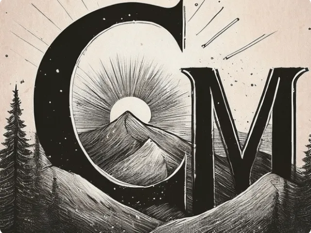 illustration of mountains and the letters C and M