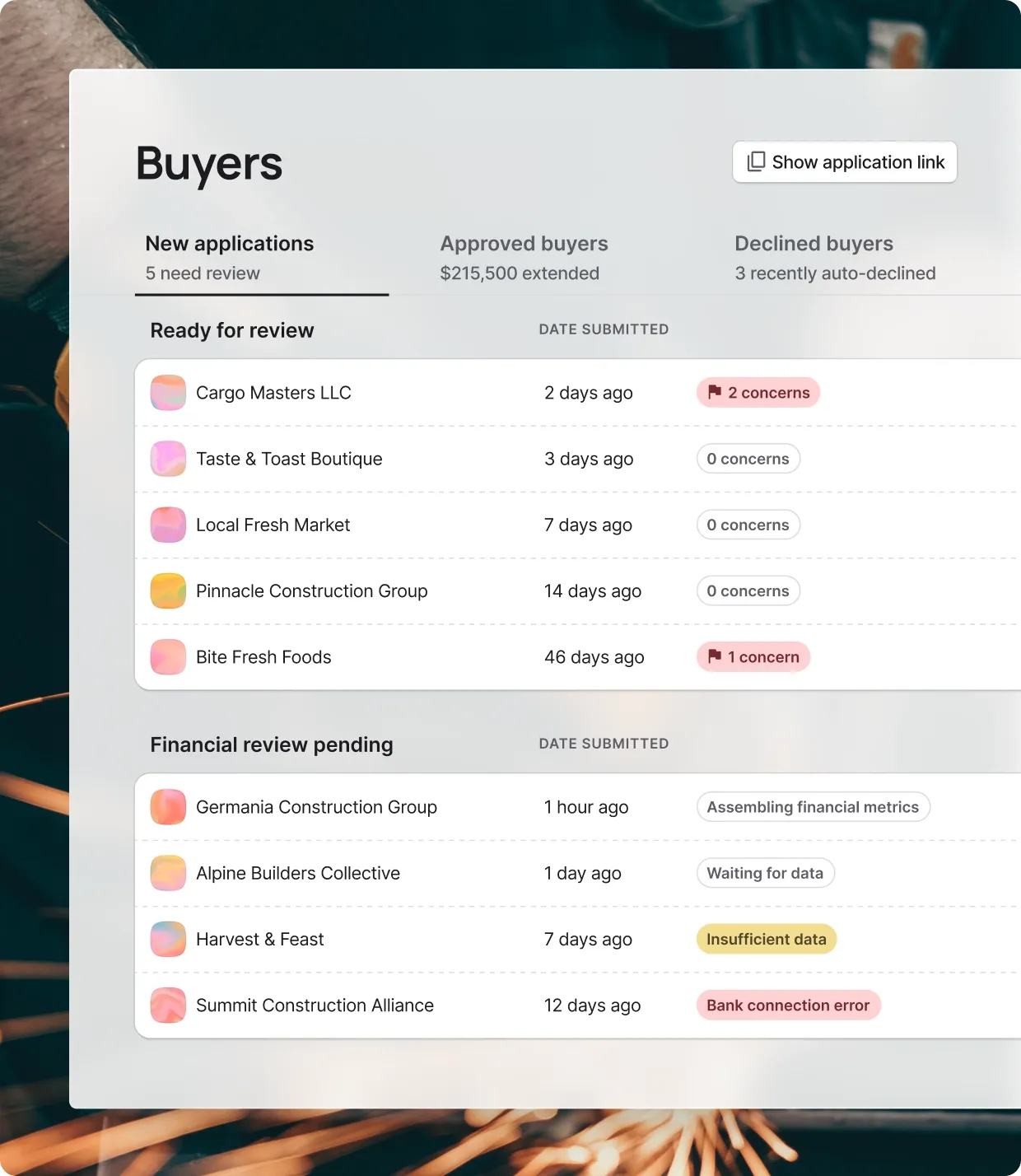 Nav Buyers dashboard for managing business loan applications, tracking approved and declined buyers, and monitoring real-time financial review status.
