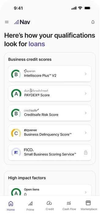 Nav mobile app screen displaying business credit scores from Experian, Dun & Bradstreet, Creditsafe, and Equifax.