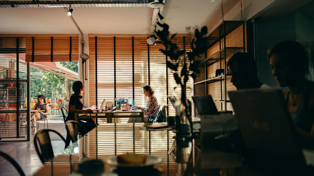 An office scene with a window