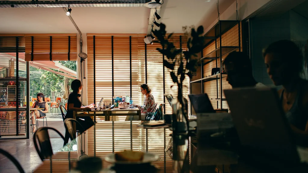 An office scene with a window