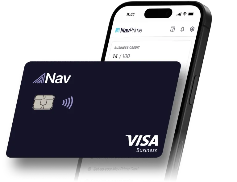 Nav Credit Builder Card in front of Nav app on phone