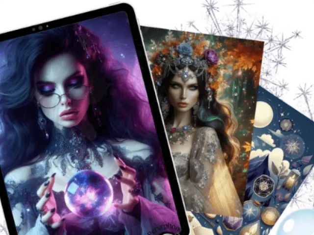 AI-generated imagery of witches, displayed on iPad and flatlays