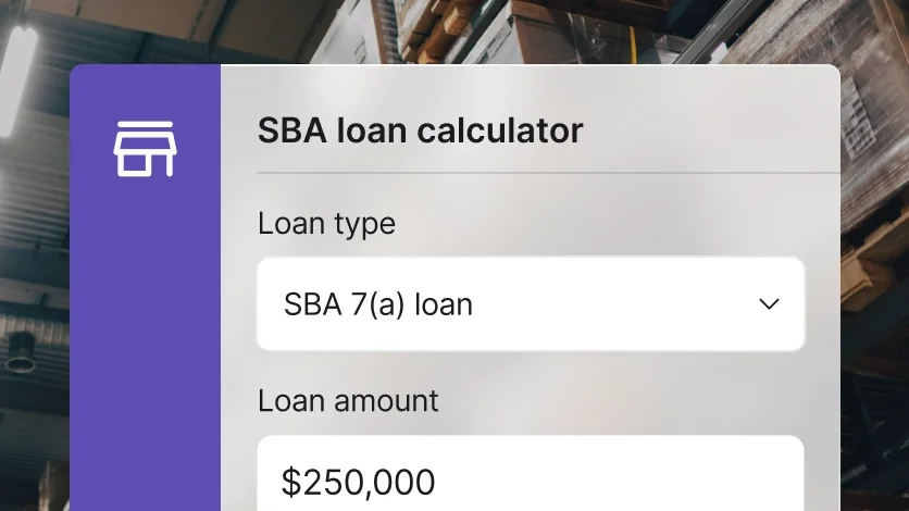 SBA loan calculator with SBA 7(a) loan type selected and loan amount input.