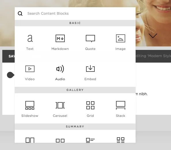 Screenshot of the squarespace.com search content blocks page