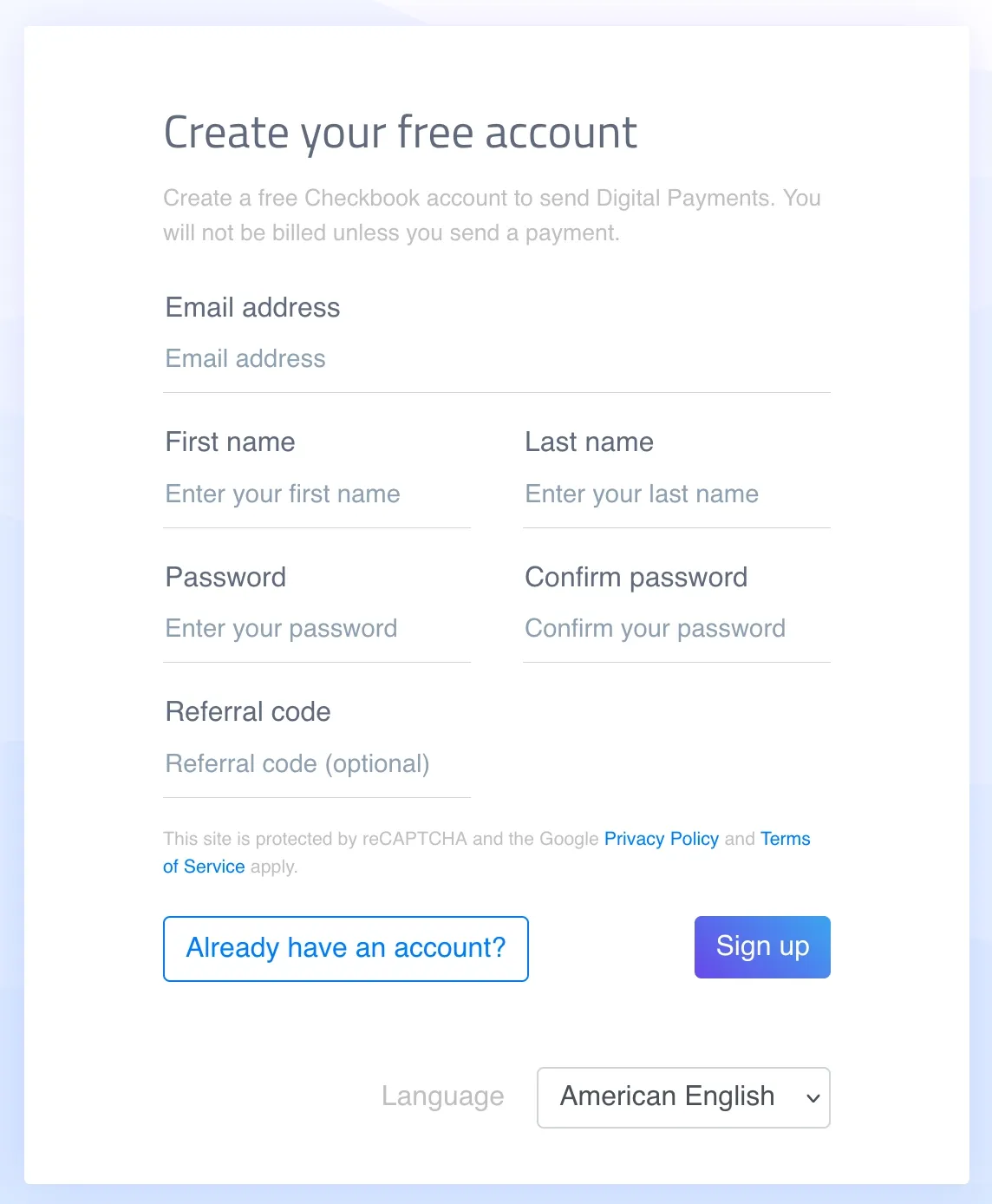 Create new account for Checkbook.io