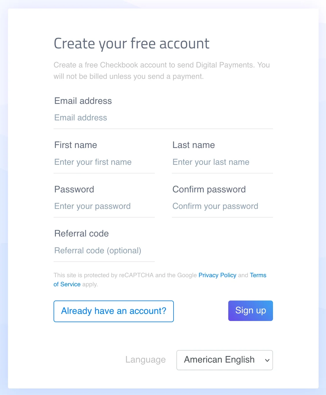 Create new account for Checkbook.io
