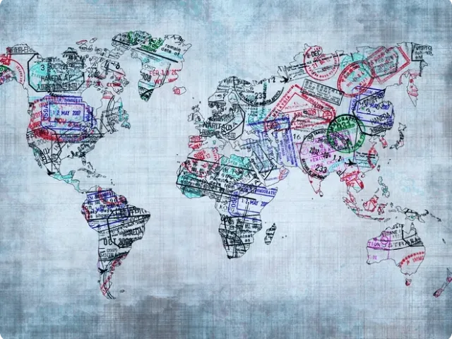 stylized image of a map, with stamps representing each country