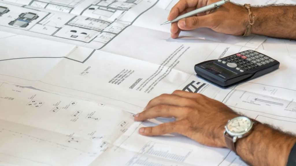 hands on top of mechanical drawings with calculator