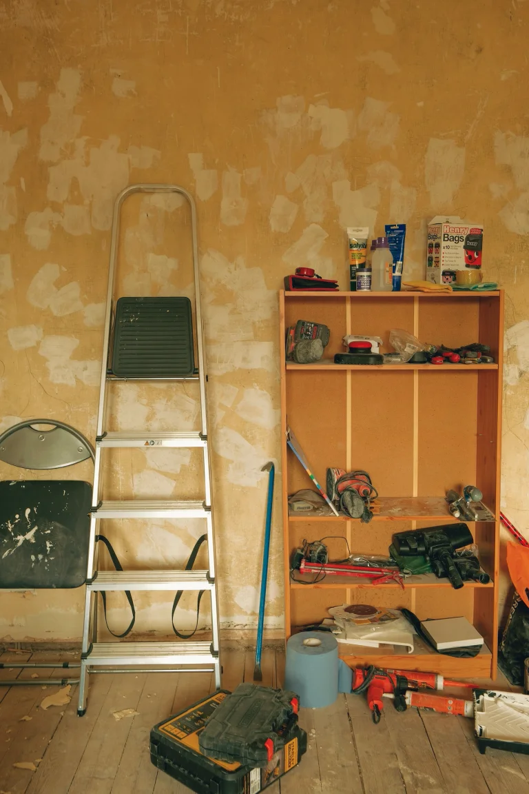 A wall with a ladder leaned up against it and shelving filled with tools