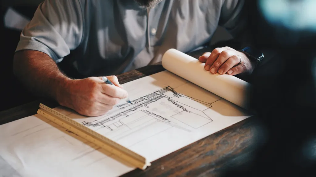 man at a desk reviewing technical drawing