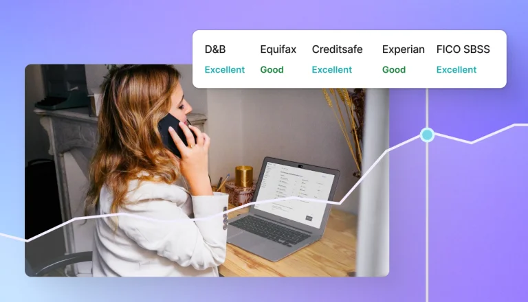 Simplified UI mockup displaying business credit ratings and a growth trend line overlaid on a small business owner reviewing credit qualifications on a laptop during coaching.