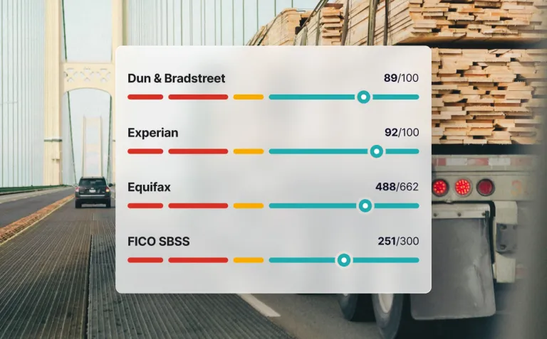 Business credit score dashboard showing Dun & Bradstreet, Experian, Equifax, and FICO SBSS ratings over a trucking background.