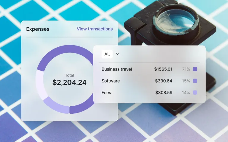 Expense breakdown dashboard displaying total expenses with category percentages for business travel, software, and fees.