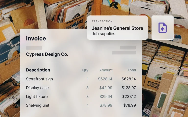 Invoice and transaction view showing receipt upload for job supplies with itemized costs.
