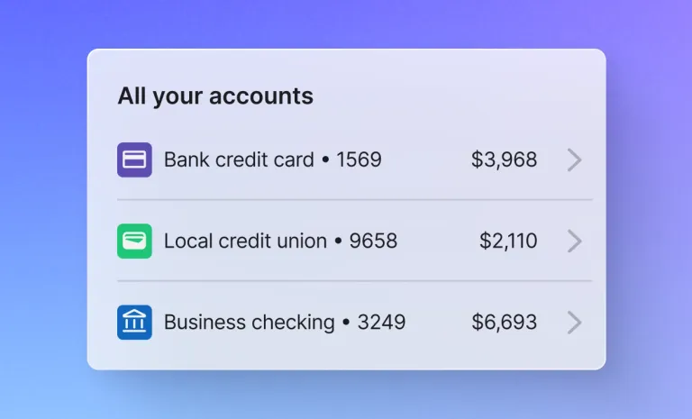 All accounts overview listing bank credit card, local credit union, and business checking balances.