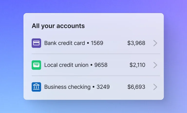 All accounts overview listing bank credit card, local credit union, and business checking balances.