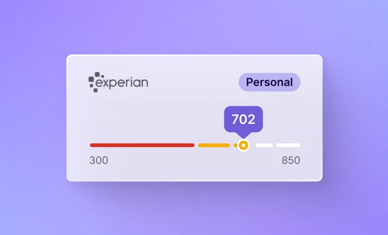 Experian personal credit score dashboard displaying a 702 score on a 300 to 850 scale.