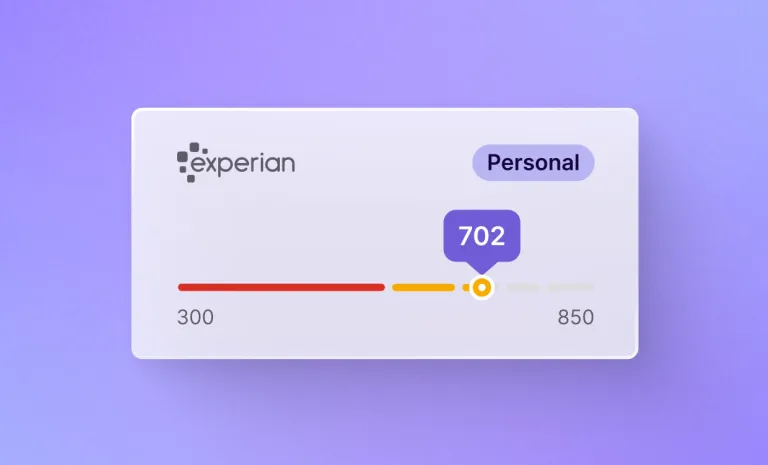 Experian personal credit score dashboard displaying a 702 score on a 300 to 850 scale.
