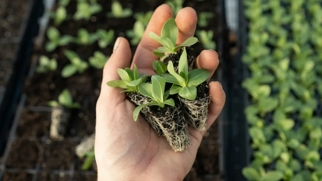 hand holding small sprouts in a garden