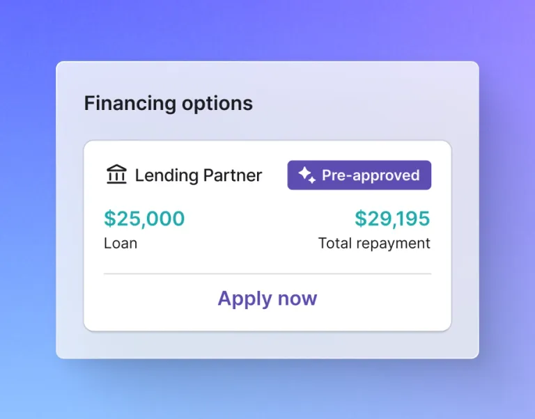 Simplified UI mockup card illustrating a $25,000 pre-approved small business loan match with total repayment details.