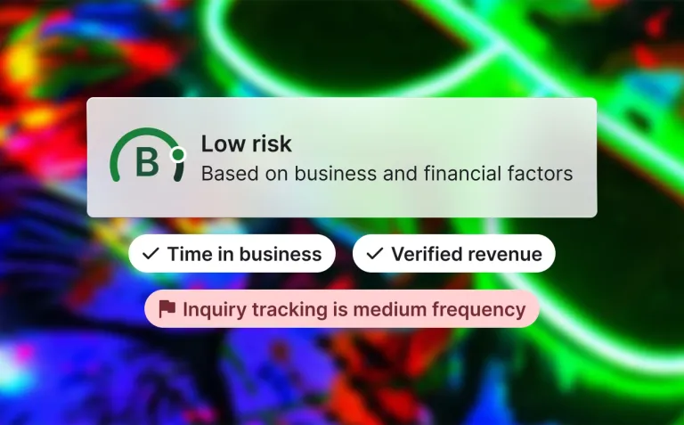 Low-risk business profile dashboard showing verified revenue, time in business, and inquiry tracking insights over a neon background.