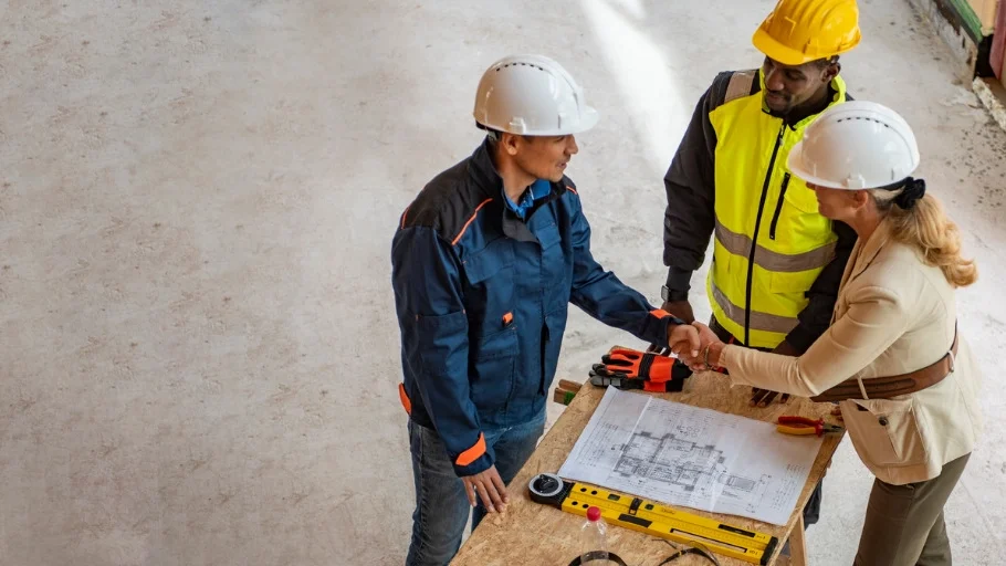 Group of construction workers reviewing plans