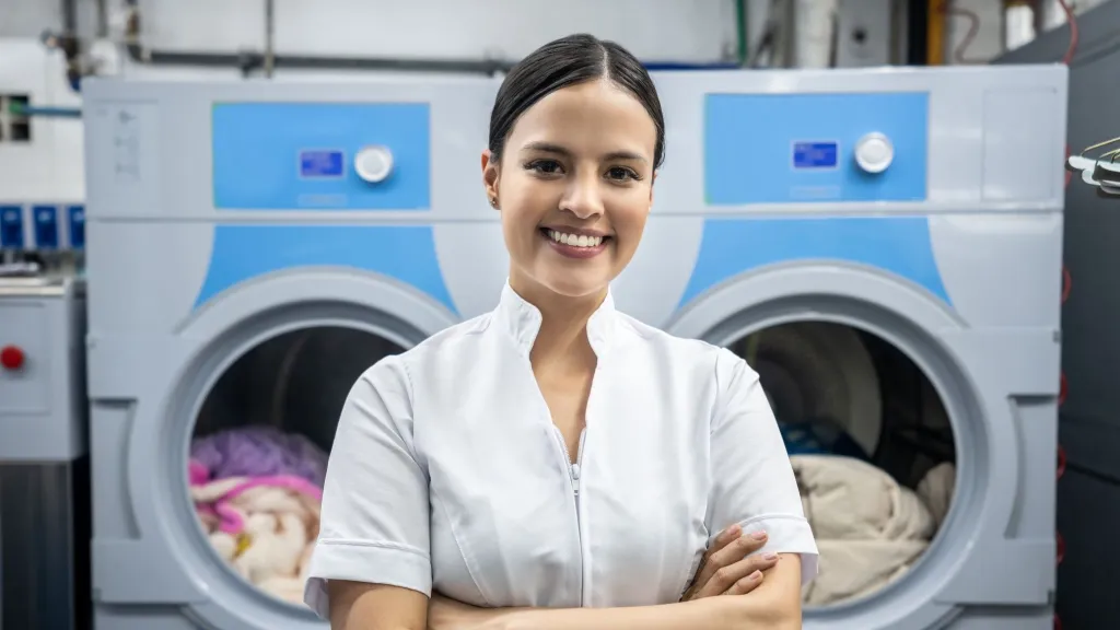 Woman in front of laundromat to illustrate article about how much it costs to run a laundromat business.