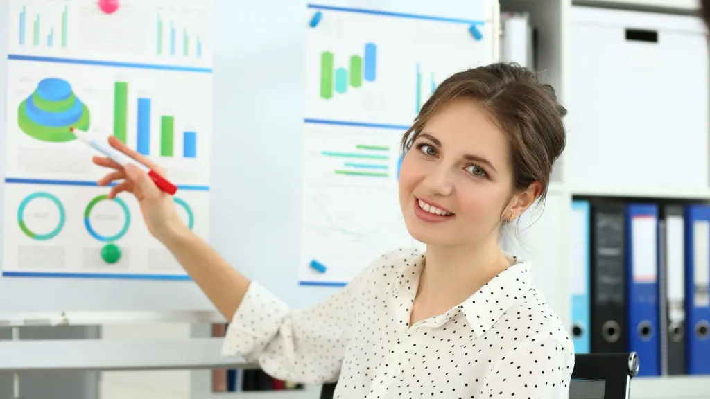 Woman pointing to financial charts to illustrate article about financing ROI