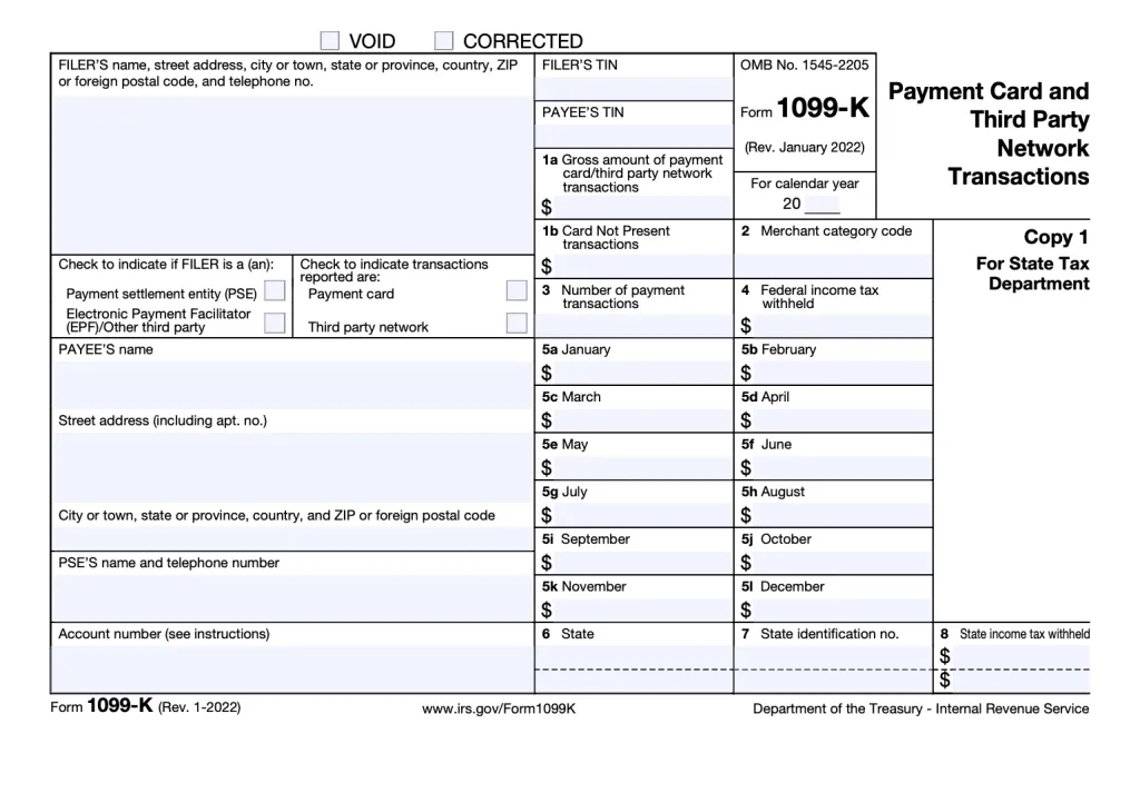 Screenshot of IRS Form 1099-K form to illustrate form fields