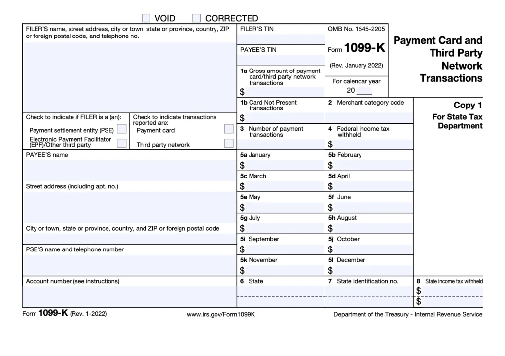 Screenshot of IRS Form 1099-K form to illustrate form fields