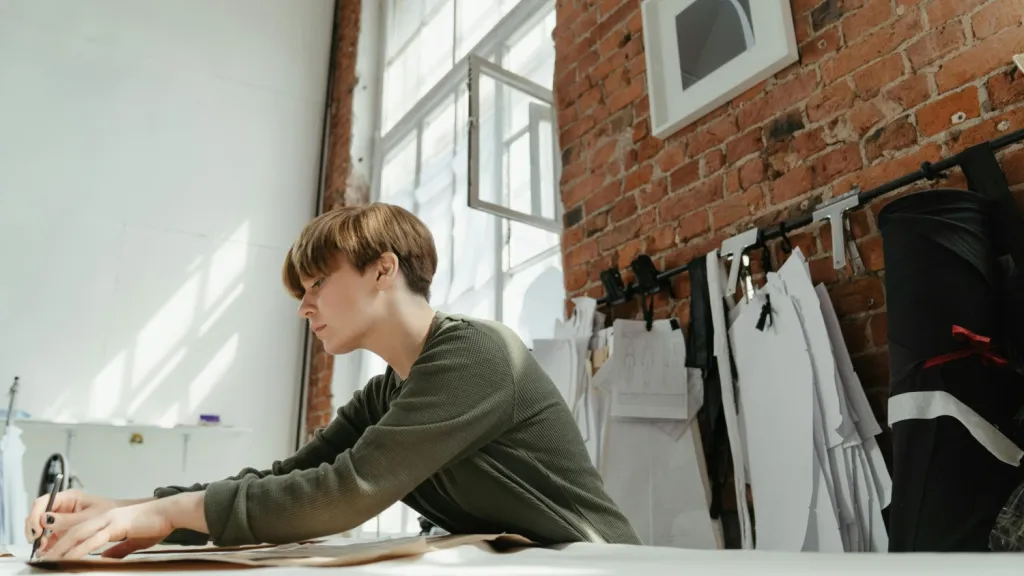 man at a desk in a clothing store
