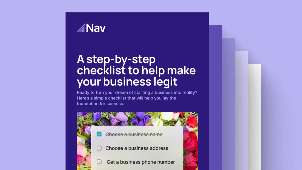 Nav guide cover titled “A step-by-step checklist to help make your business legit” with checklist graphics and floral background.