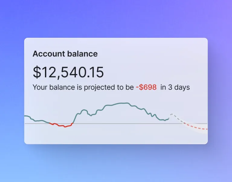 Simplified UI mockup showing Nav's cash flow forecasting feature, account balance tracking, and predictive cash shortfall alerts.