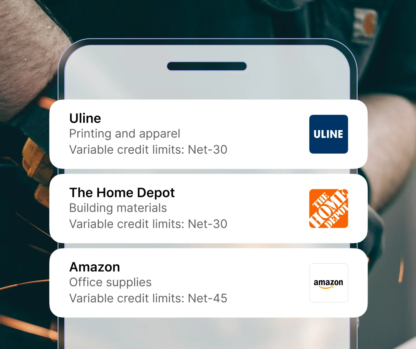 Phone with examples of net-30+ vendors just as Uline, The Home Depot, and Amazon.