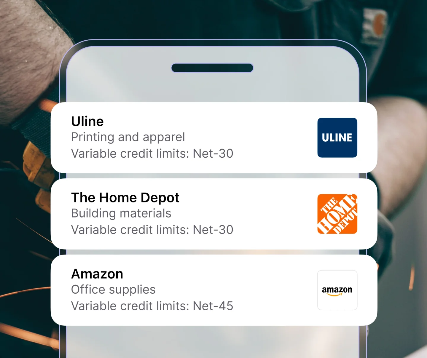 Phone with examples of net-30+ vendors just as Uline, The Home Depot, and Amazon.