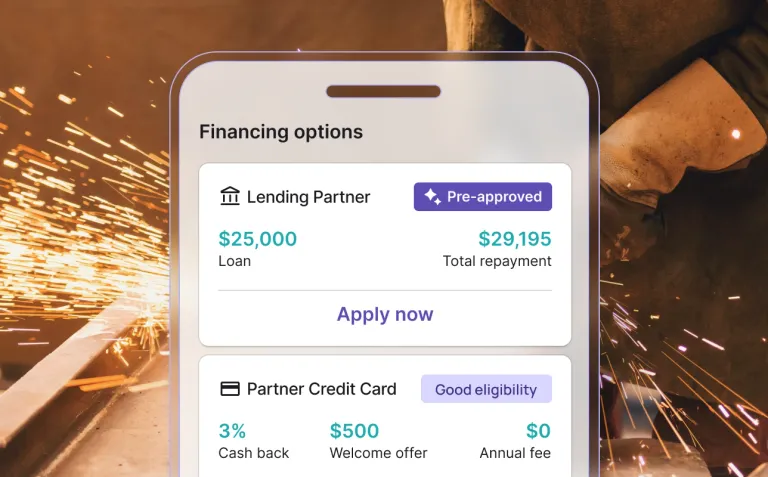 Nav mobile app UI showing small business financing options including a pre-approved $25,000 loan and a partner credit card with 3% cash back and $500 welcome offer.
