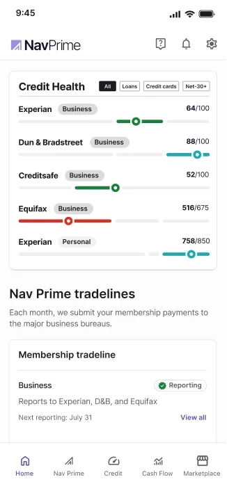 Mobile app UI mockup of Nav Prime showing business credit score tracking and monthly membership tradeline reporting.