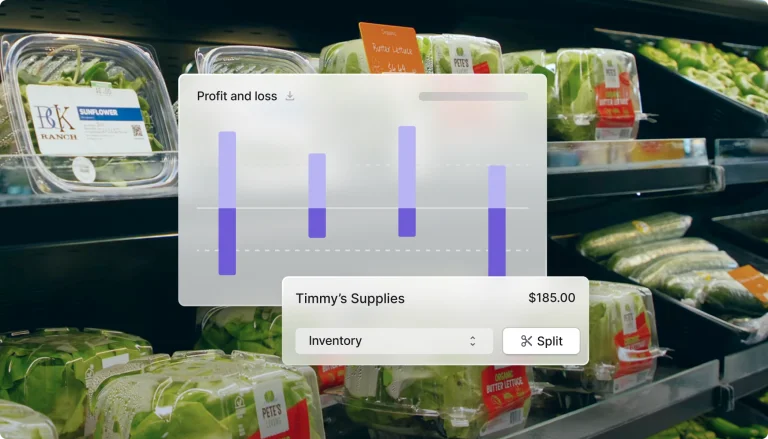 Profit and loss graph overlay on packaged greens with 'Timmy’s Supplies $185.00' and inventory options