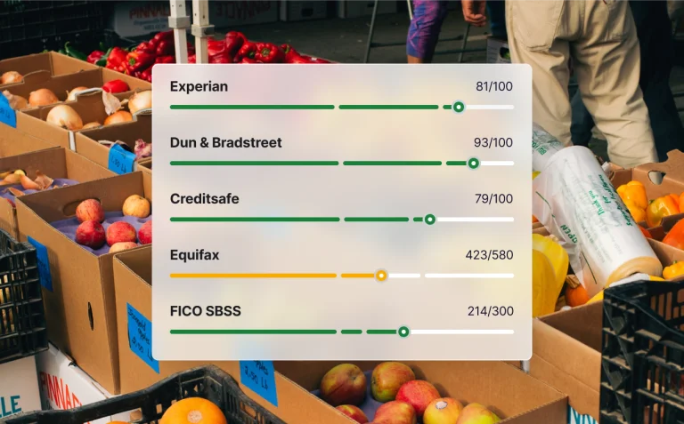 Simplified UI mockup displaying business credit scores for Experian, Dun & Bradstreet, Creditsafe, Equifax, and FICO SBSS overlaid on a farmers market produce background.