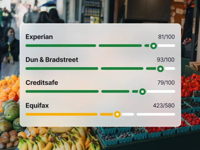 Simplified UI mockup displaying business credit scores for Experian, Dun & Bradstreet, Creditsafe, and Equifax overlaid on a fruit market background.