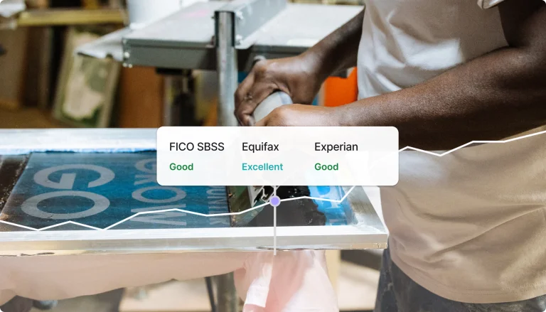 Person screen printing with a rating display showing credit scores from FICO, Equifax, and Experian