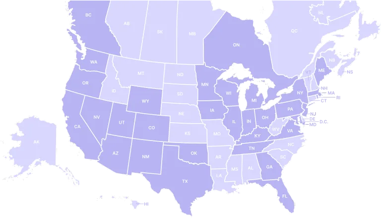 Map of the United States and parts of Canada with state and province abbreviations, showing where Nav employees reside using varying shades of purple